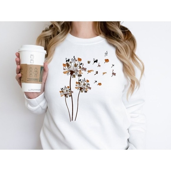 Cats Flower Fly Dandelion Sweatshirt, Cute Cat Lover Crewneck - Picture 1 of 4